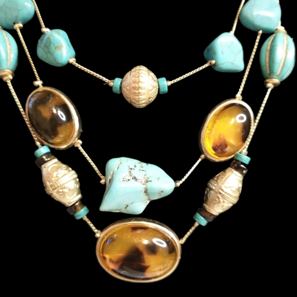 Chico's Tiger's eye style with faux turquoise stones. Three strand layered style - Picture 3 of 9